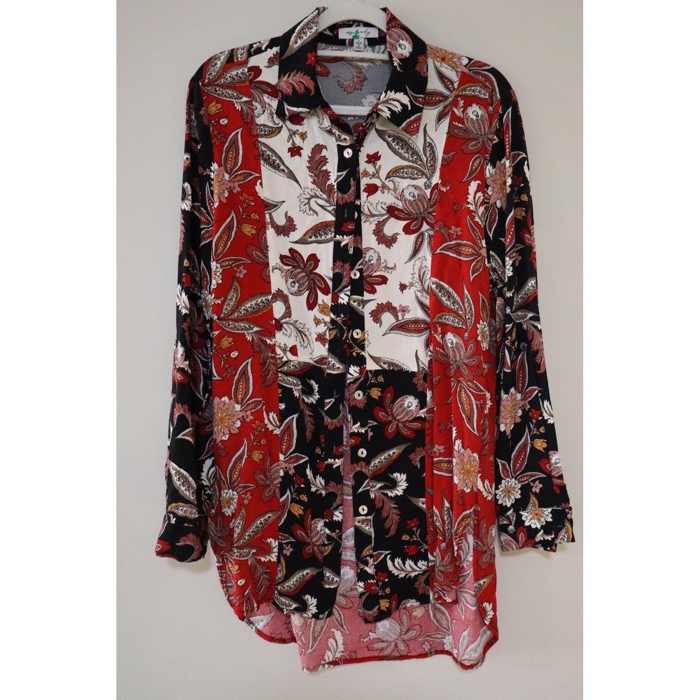 Boho Paisley Patchwork Rose & Beverly Button Down Tunic S Red Black Floral Shirt